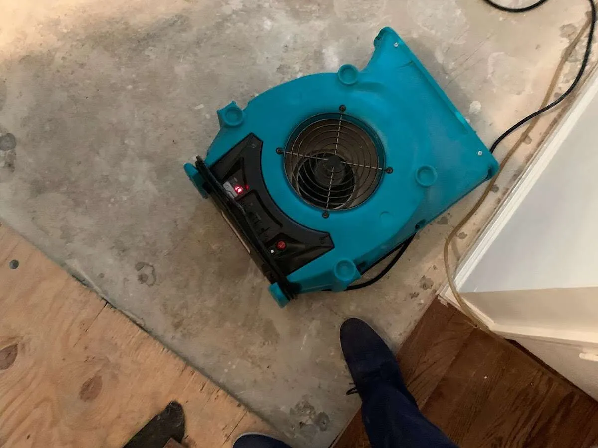 Air mover drying subfloor during Leak Detection & Repair in Thatcher